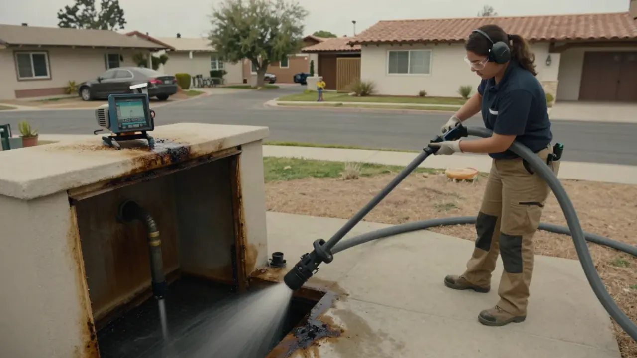 Grease Line Jetting in Montebello, California: licensed plumber guiding a hydro jetting hose into a restaurant's exterior