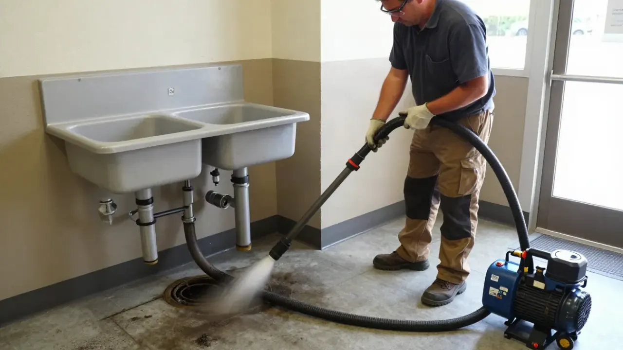 Kitchen Drain Hydro Jetting in Montebello, California: licensed plumber operating a portable hydro jetting unit next to a