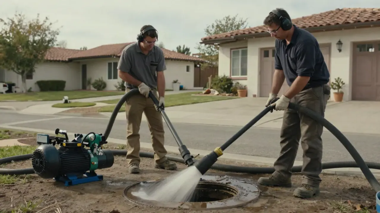 Hydro Jetting in Montebello, California: Two licensed plumbers collaboratively preparing a large hydro jetting unit for