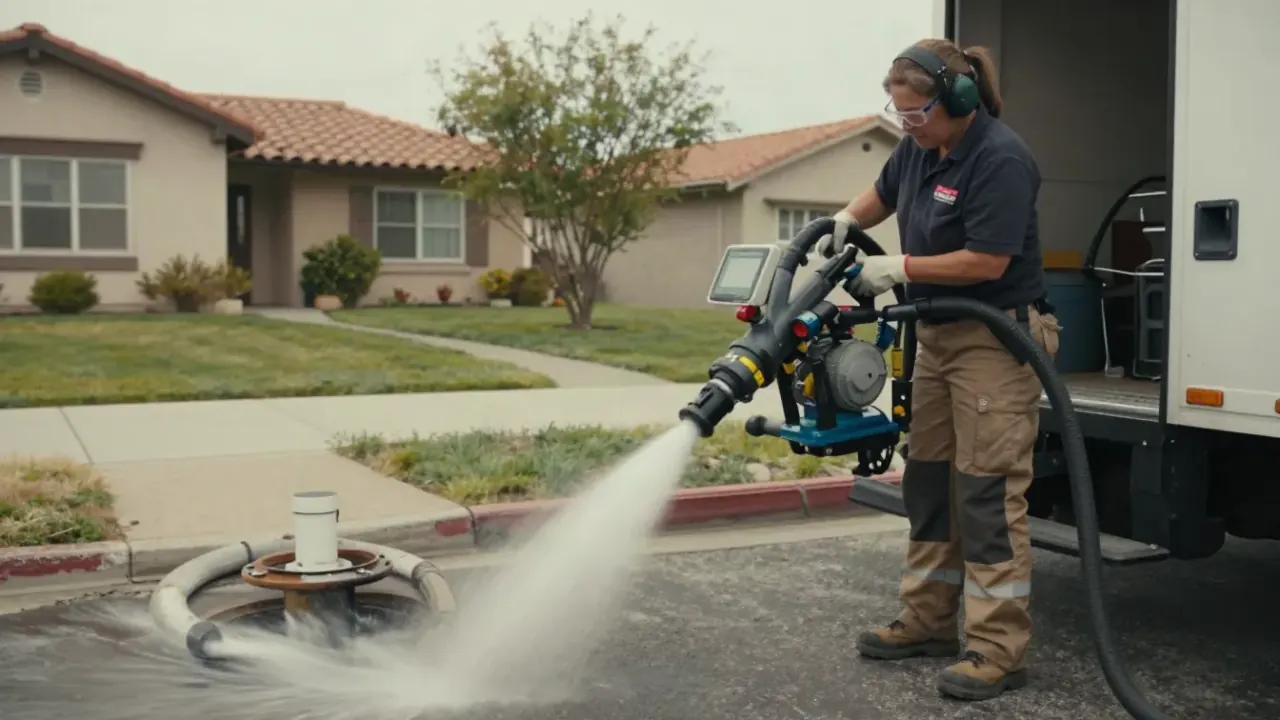 Hydro Jetting in Montebello, California: licensed plumber wearing work attire and safety glasses adjusting controls on a