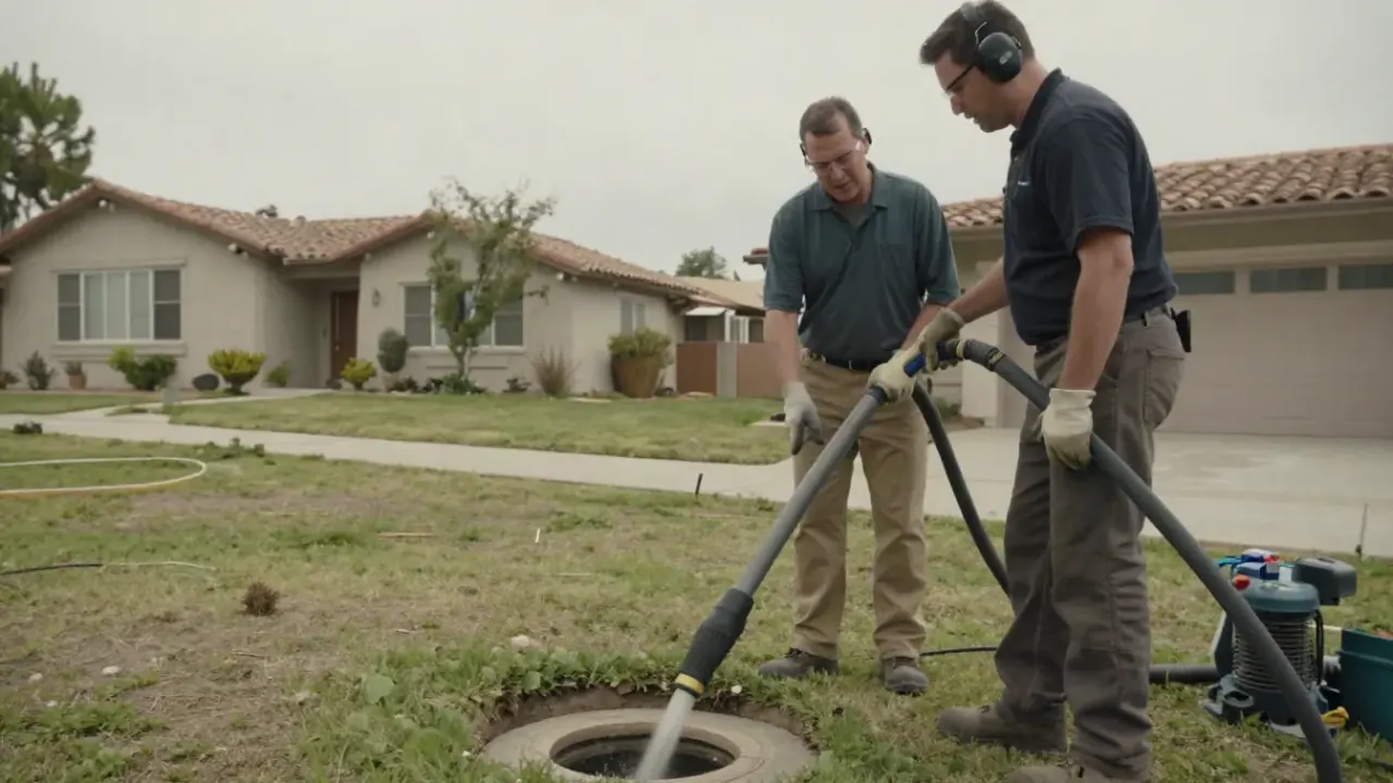 Hydro Jetting in Montebello, California: licensed plumber speaking with a homeowner in a residential front yard, pointing